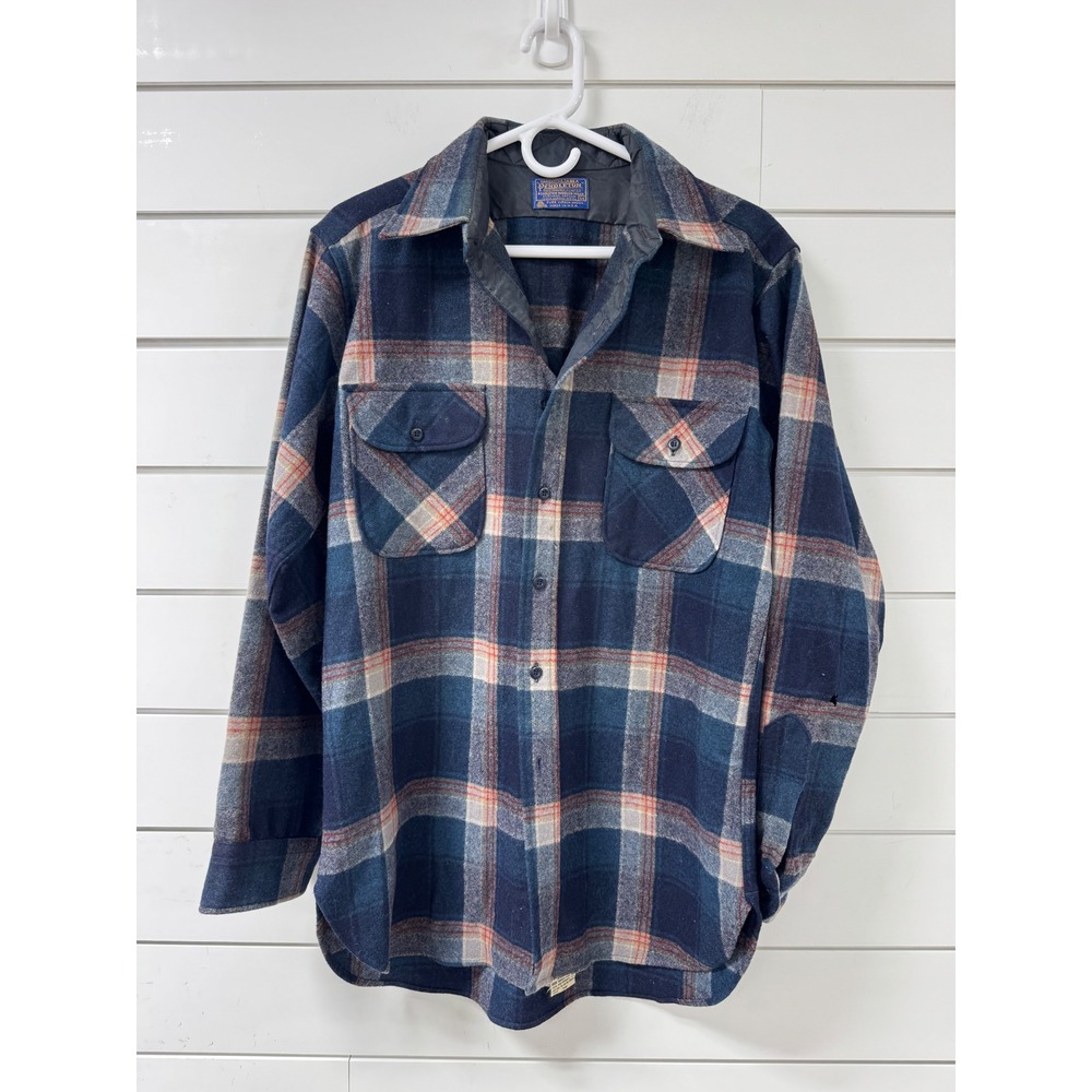 Vintage Pendleton Board Shirt Blue Orange Plaid Wool Flannel Made in USA Mens M